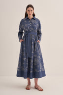 LACİVERT FLORAL DENİM ELBİSE