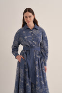 LACİVERT FLORAL DENİM ELBİSE