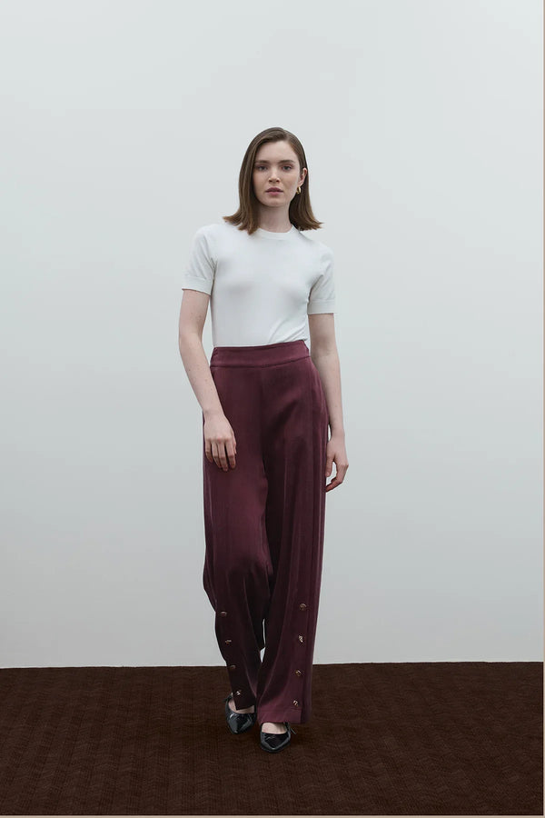 BORDO DÜĞME DETAYLI CUPRO PANTOLON - Clande