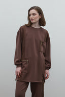 KAHVE CEP DETAYLI RAYON BLUZ