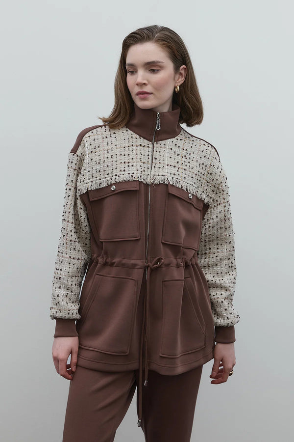 KAHVE TUVİD CEP DETAYLI RAYON BLUZ - Clande