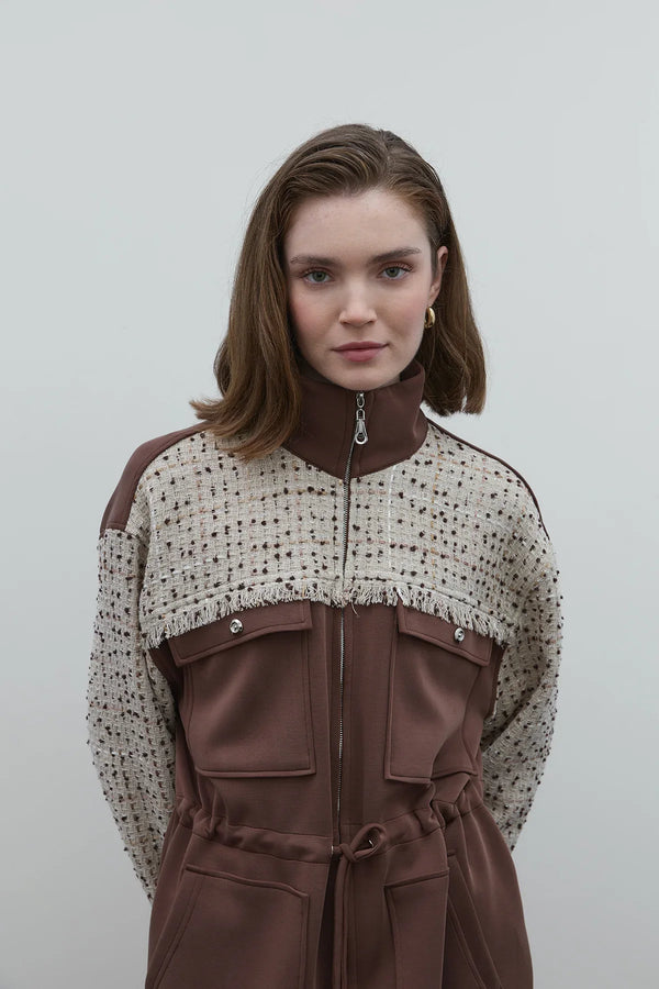 KAHVE TUVİD CEP DETAYLI RAYON BLUZ - Clande
