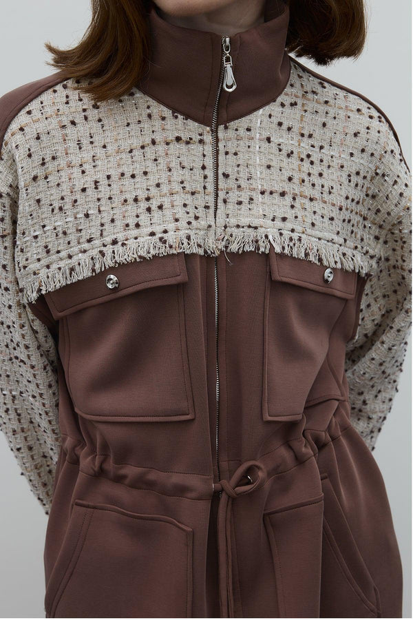 KAHVE TUVİD CEP DETAYLI RAYON BLUZ - Clande