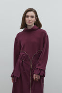 BORDO PİLİSELİ FERMUAR DETAYLI MODAL ELBİSE