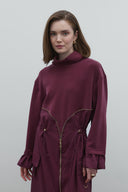 BORDO PİLİSELİ FERMUAR DETAYLI MODAL ELBİSE