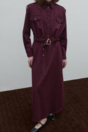 BORDO KEMERLİ POPLİN ELBİSE
