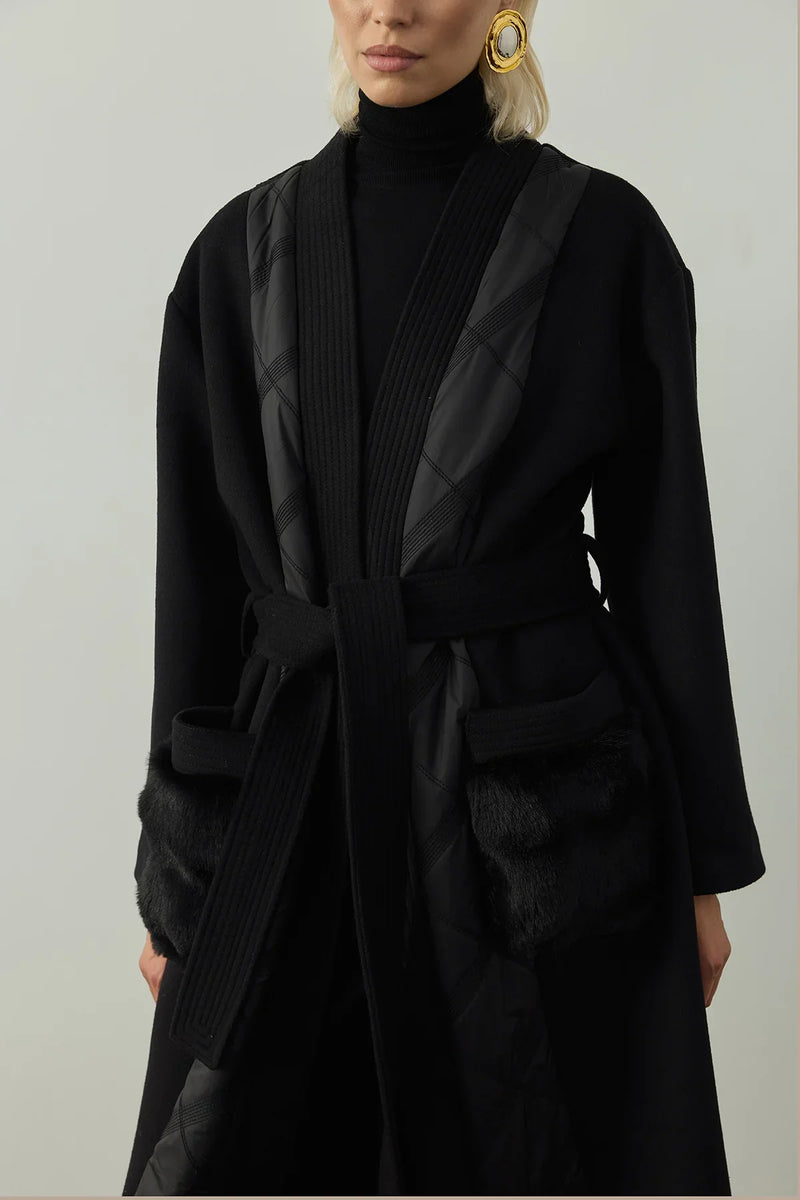 SİYAH KÜRK CEPLİ KAŞE KABAN - Clande