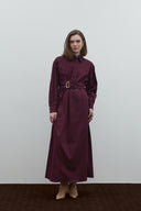 BORDO NAKIŞLI KEMERLİ POPLİN ELBİSE - Clande