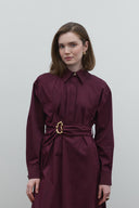 BORDO NAKIŞLI KEMERLİ POPLİN ELBİSE - Clande