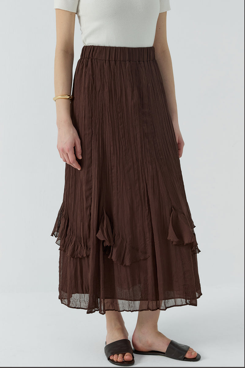 KAHVE VOLANLI ŞİFON ETEK - Clande