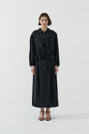 SİYAH BÜZGÜLÜ İPEK CUPRO KISA GÖMLEK - Clande