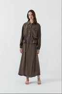 KAHVE BÜZGÜLÜ İPEK CUPRO KISA GÖMLEK - Clande