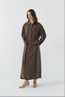 KAHVE BÜZGÜLÜ İPEK CUPRO KISA GÖMLEK - Clande