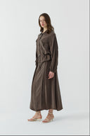 KAHVE BÜZGÜLÜ İPEK CUPRO KISA GÖMLEK - Clande