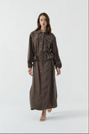 KAHVE BÜZGÜLÜ İPEK CUPRO KISA GÖMLEK - Clande