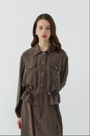 KAHVE BÜZGÜLÜ İPEK CUPRO KISA GÖMLEK - Clande