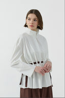 EKRU KAHVE HAKİM YAKA KEMER GEÇİŞLİ BLUZ - Clande