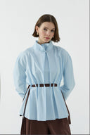 MAVİ HAKİM YAKA KEMER GEÇİŞLİ BLUZ - Clande