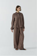 KAHVE NAKIŞLI KETEN GÖMLEK - Clande