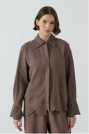 KAHVE NAKIŞLI KETEN GÖMLEK - Clande