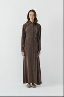 KAHVE YAKA NAKIŞLI İPEK CUPRO ELBİSE - Clande