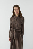 KAHVE BAĞLAMALI İPEK CUPRO ELBİSE - Clande