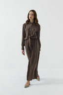 KAHVE BAĞLAMALI İPEK CUPRO ELBİSE - Clande