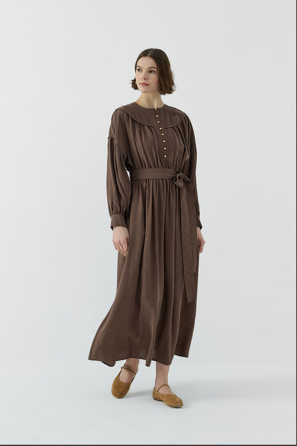 KAHVE DÜĞME DETAYLI MODAL ELBİSE - Clande