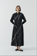 SİYAH BİYE DETAYLI YARIM FERMUARLI PAMUKLU ELBİSE - Clande