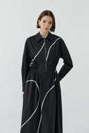 SİYAH BİYE DETAYLI YARIM FERMUARLI PAMUKLU ELBİSE - Clande