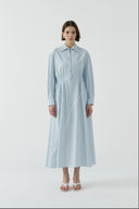 MAVİ BİYE DETAYLI YARIM FERMUARLI PAMUKLU ELBİSE - Clande