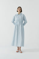 MAVİ BİYE DETAYLI YARIM FERMUARLI PAMUKLU ELBİSE - Clande