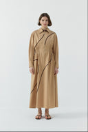 CAMEL BİYE DETAYLI YARIM FERMUARLI PAMUKLU ELBİSE - Clande