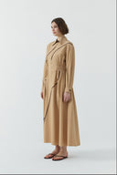 CAMEL BİYE DETAYLI YARIM FERMUARLI PAMUKLU ELBİSE - Clande