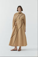 CAMEL BİYE DETAYLI YARIM FERMUARLI PAMUKLU ELBİSE - Clande