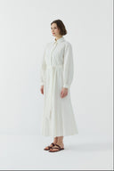 EKRU NERVÜR DETAYLI PAMUKLU ELBİSE - Clande