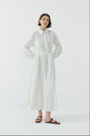 EKRU NERVÜR DETAYLI PAMUKLU ELBİSE - Clande