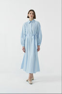 MAVİ NERVÜR DETAYLI PAMUKLU ELBİSE - Clande