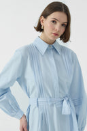 MAVİ NERVÜR DETAYLI PAMUKLU ELBİSE - Clande