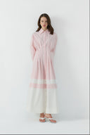 PEMBE KONTRAST RENKLİ PAMUKLU GÖMLEK ELBİSE - Clande