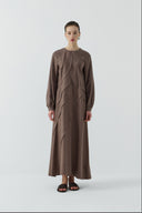 KAHVE DIŞTAN DİKİŞLİ KETEN ELBİSE - Clande