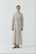 BEJ DIŞTAN DİKİŞLİ KETEN ELBİSE - Clande