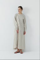 BEJ DIŞTAN DİKİŞLİ KETEN ELBİSE - Clande