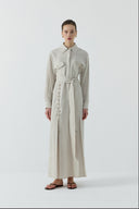 BEJ KUŞ GÖZÜ DETAYLI KETEN ELBİSE - Clande