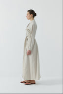 BEJ KUŞ GÖZÜ DETAYLI KETEN ELBİSE - Clande