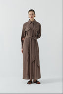 KAHVE KUŞ GÖZÜ DETAYLI KETEN ELBİSE - Clande