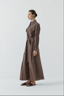 KAHVE KUŞ GÖZÜ DETAYLI KETEN ELBİSE - Clande