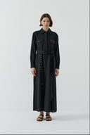 SİYAH KUŞ GÖZÜ DETAYLI KETEN ELBİSE - Clande