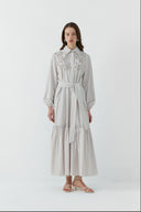 BEJ ÇİZGİLİ GÖMLEK ELBİSE - Clande