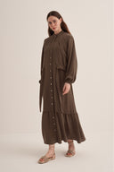 KAHVE BOMBER CEKETLİ CUPRO ELBİSE